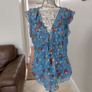 10 Crosby Derek Lam Blue Floral Metallic-Accent Ruffle Blouse